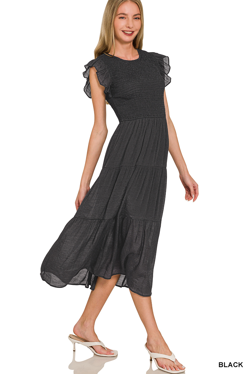 Grace in Motion Smocked Ruffle Sleeve Midi Dress - Black – Image 1