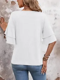 White Layered Ruffle Sleeve V-Neck Blouse – Image 2
