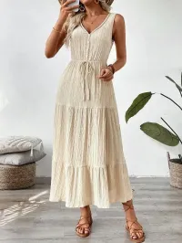 Textured Boho Sleeveless V-Neck Maxi Dress for Women  – Image 3