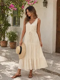 Textured Boho Sleeveless V-Neck Maxi Dress for Women  – Image 1