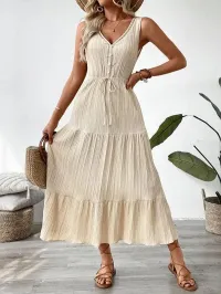 Textured Boho Sleeveless V-Neck Maxi Dress for Women  – Image 2