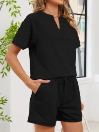 Black V-Neck Lounge Set with Shorts – Image 3