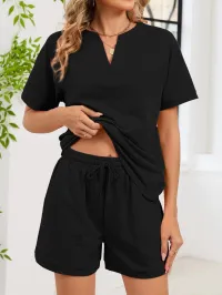 Black V-Neck Lounge Set with Shorts – Image 2