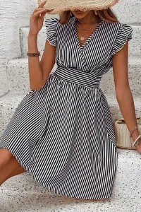 Striped Flutter Sleeve Smocked Waist Dress – Image 1