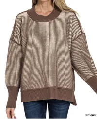 Two-Tone Exposed Seam Hi-Low Sweater – Image 3