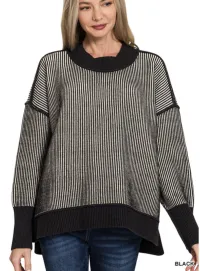 Two-Tone Exposed Seam Hi-Low Sweater – Image 1