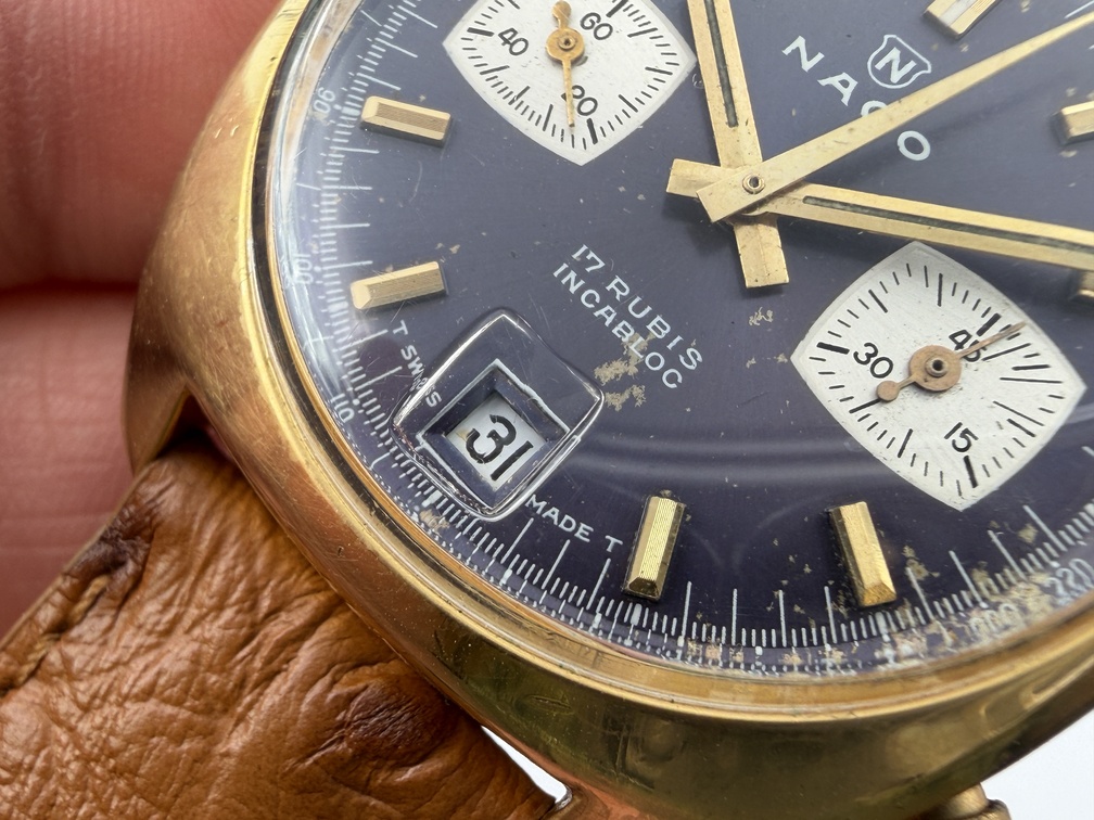 Vintage NACO Blue Manual Wind Chronograph Gold Plated Cal Valjoux 7734 - 34 mm – Image 5