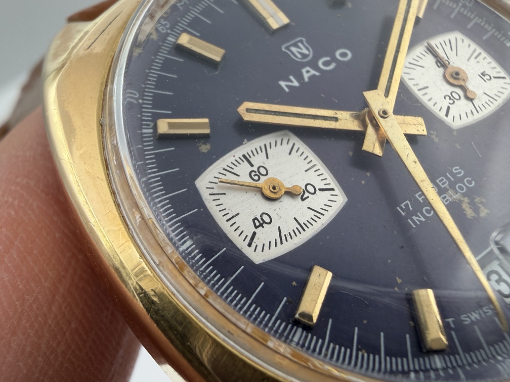 Vintage NACO Blue Manual Wind Chronograph Gold Plated Cal Valjoux 7734 - 34 mm – Image 6