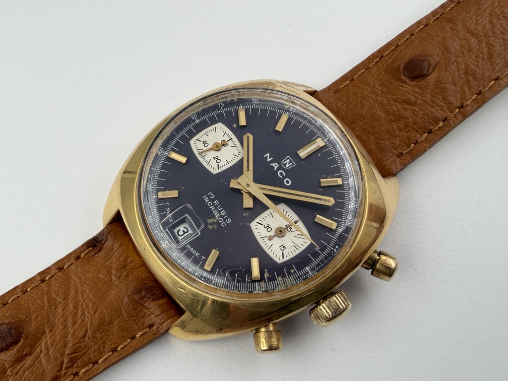 Vintage NACO Blue Manual Wind Chronograph Gold Plated Cal Valjoux 7734 - 34 mm – Image 2