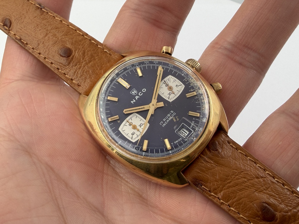 Vintage NACO Blue Manual Wind Chronograph Gold Plated Cal Valjoux 7734 - 34 mm – Image 3