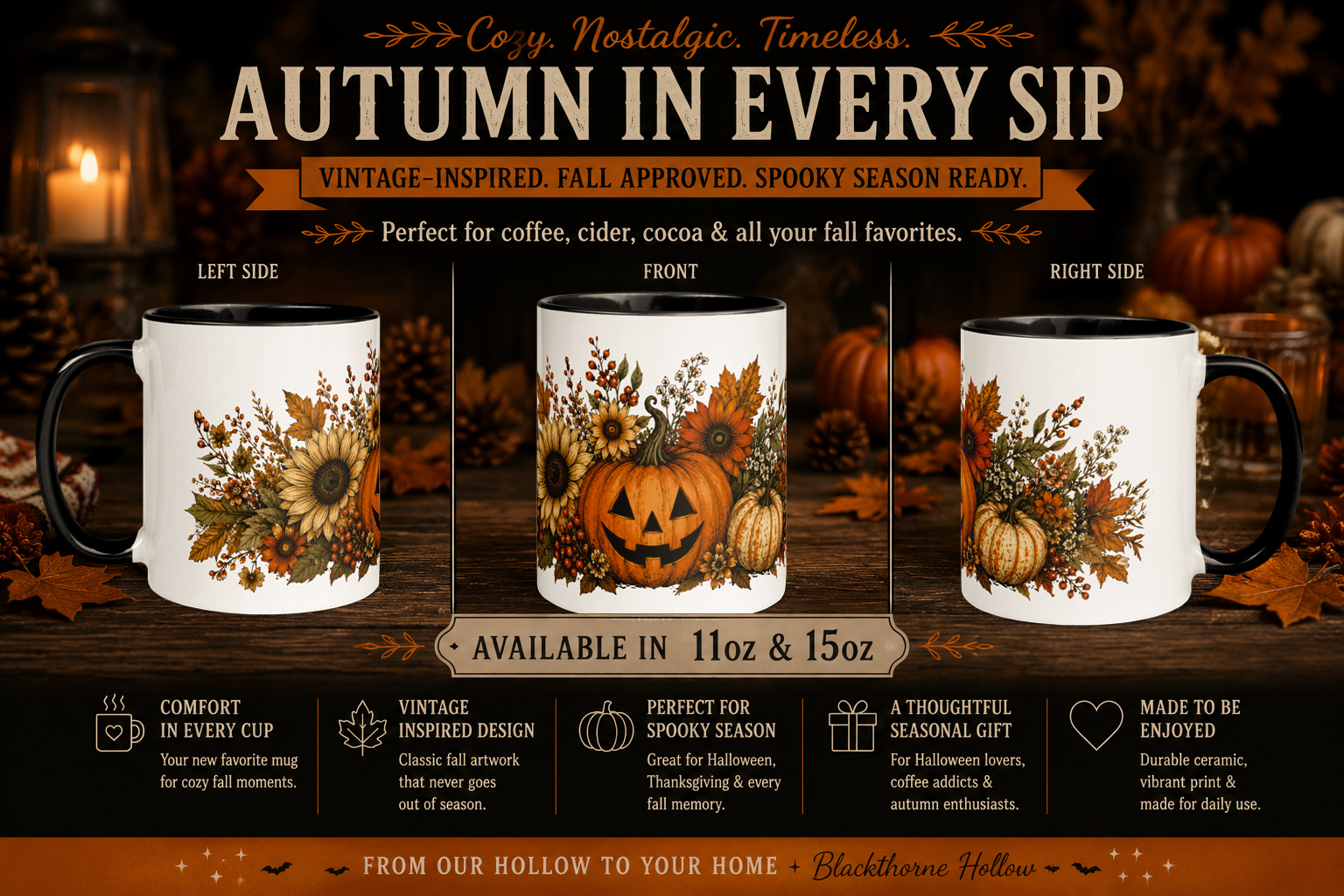 Vintage Halloween Pumpkin Floral Mug | Autumn Harvest Coffee Cup – Image 2