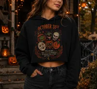 Vintage Halloween Masks Crop Top | Retro Spooky Season Shirt – Image 3