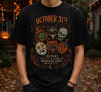 Retro Halloween Tee, Black Distressed Mask Graphic | October 31st – Image 1