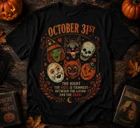 Retro Halloween Tee, Black Distressed Mask Graphic | October 31st – Image 2