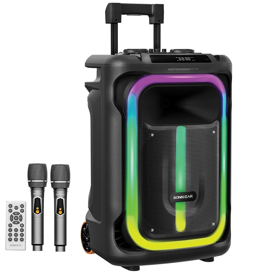 Sonic Gear Karaoke Speaker with Wireless Microphones and Lighting Effects Hyperbox 1500 Pro in Black Color – Image 1