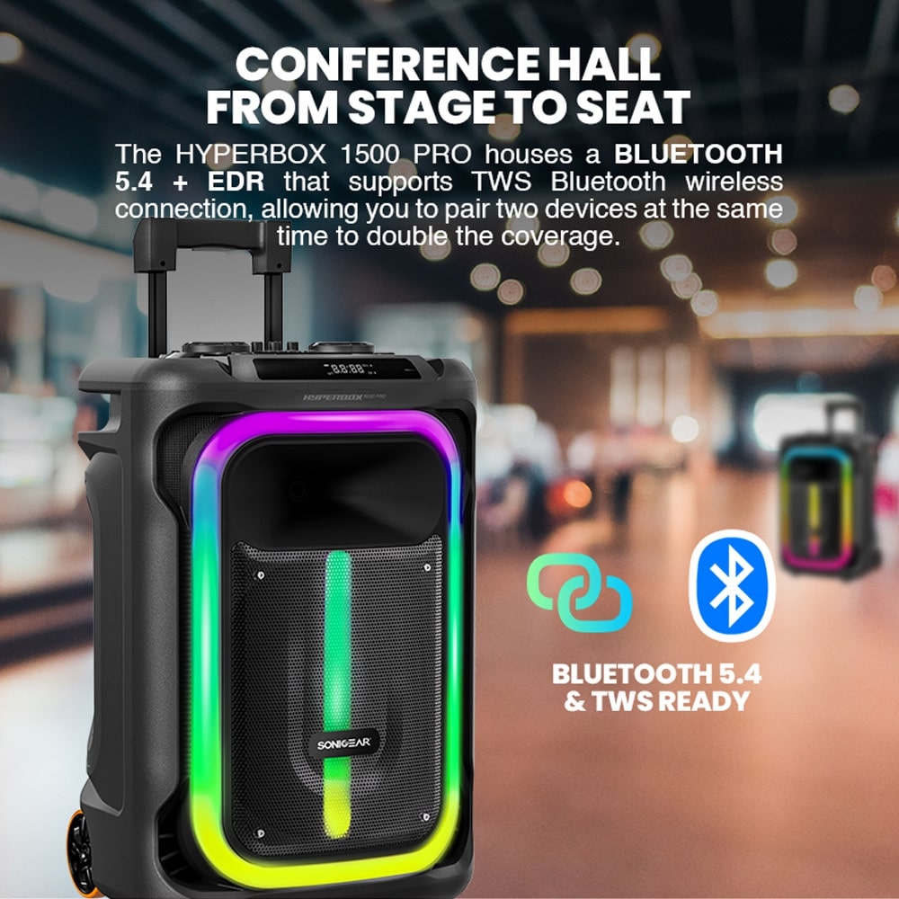 Sonic Gear Karaoke Speaker with Wireless Microphones and Lighting Effects Hyperbox 1500 Pro in Black Color – Image 2