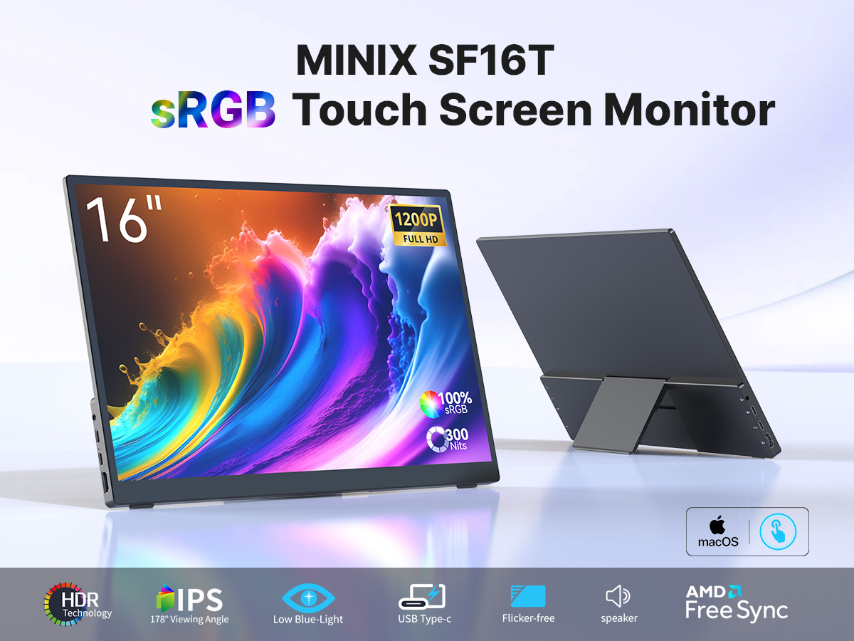 MINIX Monitor Portable Touch 16" Full-HD 100% sRGB USB-C/HDMI, PD, Foldable Stand SF16T – Image 3