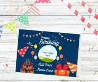 Personalised Cake & Present Blue Birthday Card With Photo & Name – Image 2