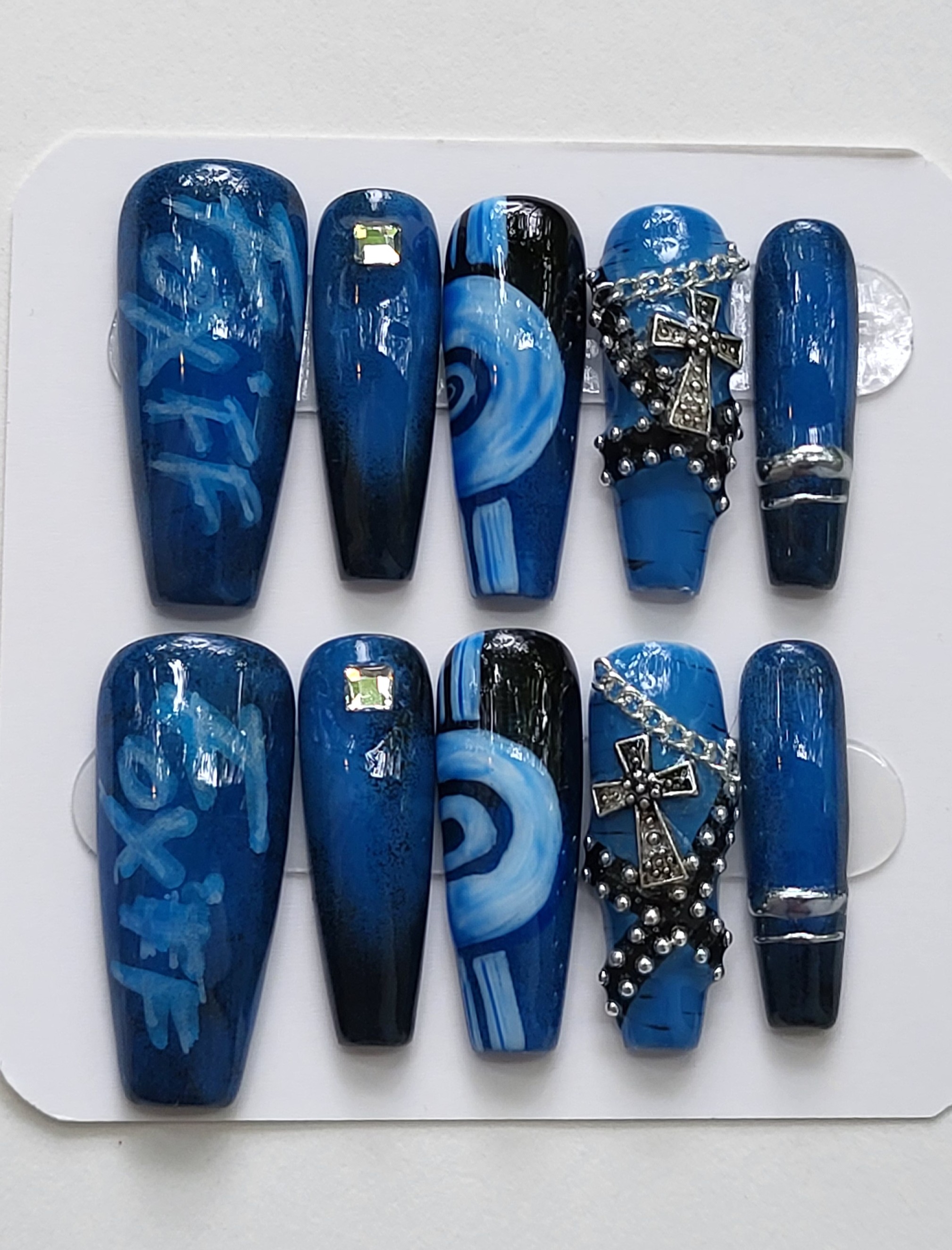 Mingi FIX OFF-Inspired Press-On Nails | Blue Black Graffiti, Gothic Chains & 3D Statement Art – Image 1