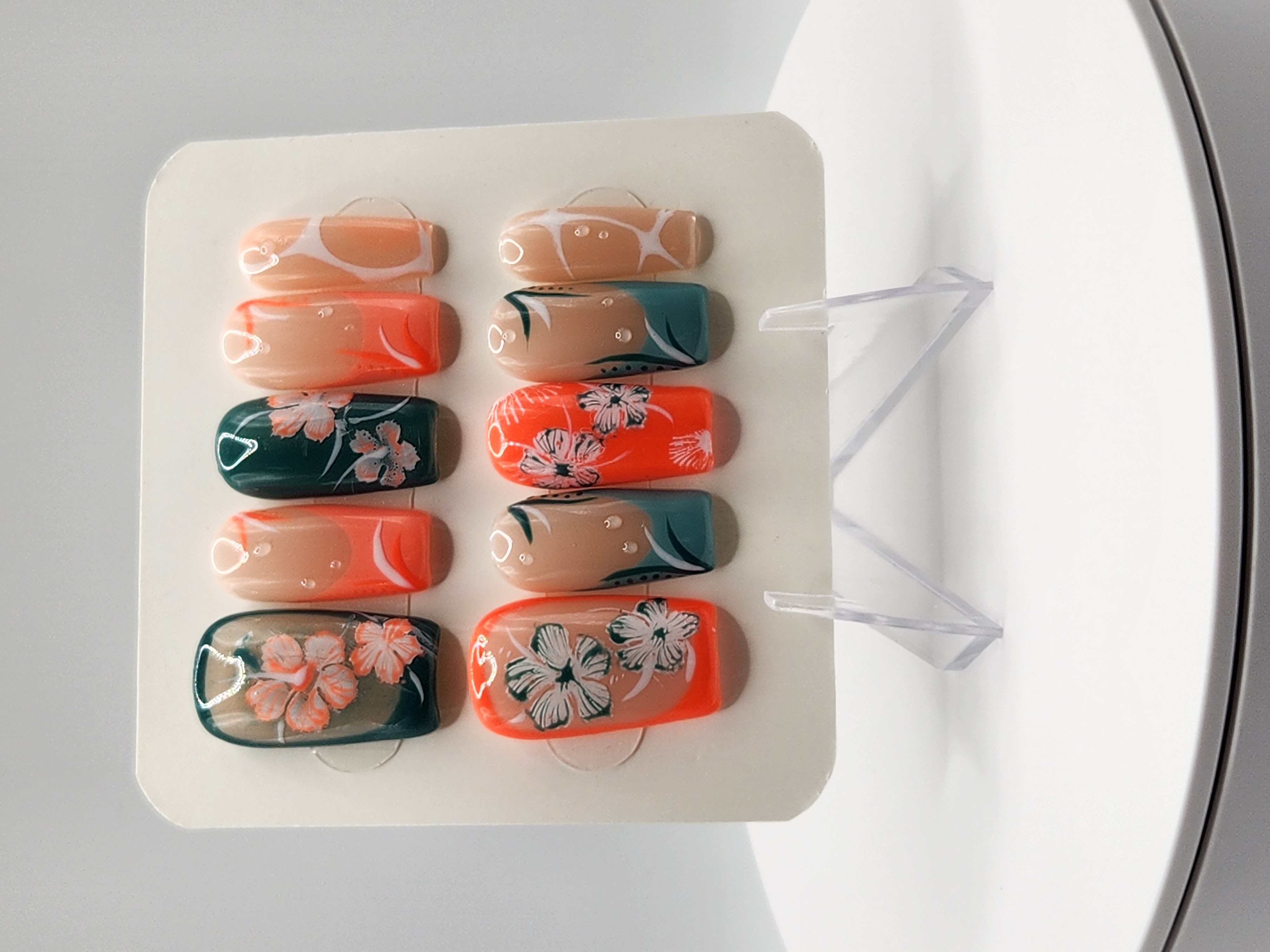 Hibiscus Tide | Teal & Coral Tropical Floral Press-On Nails – Image 1