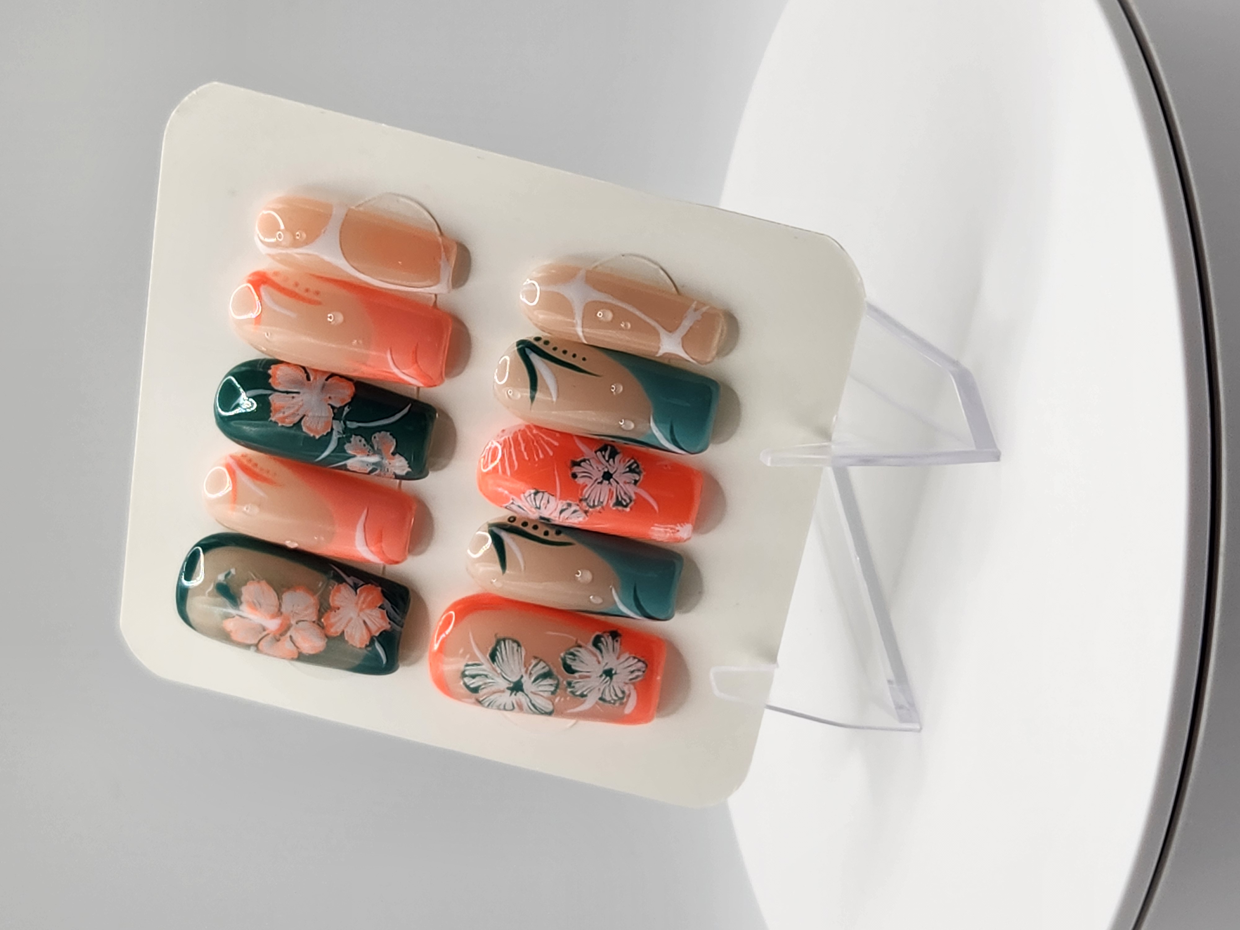 Hibiscus Tide | Teal & Coral Tropical Floral Press-On Nails – Image 2