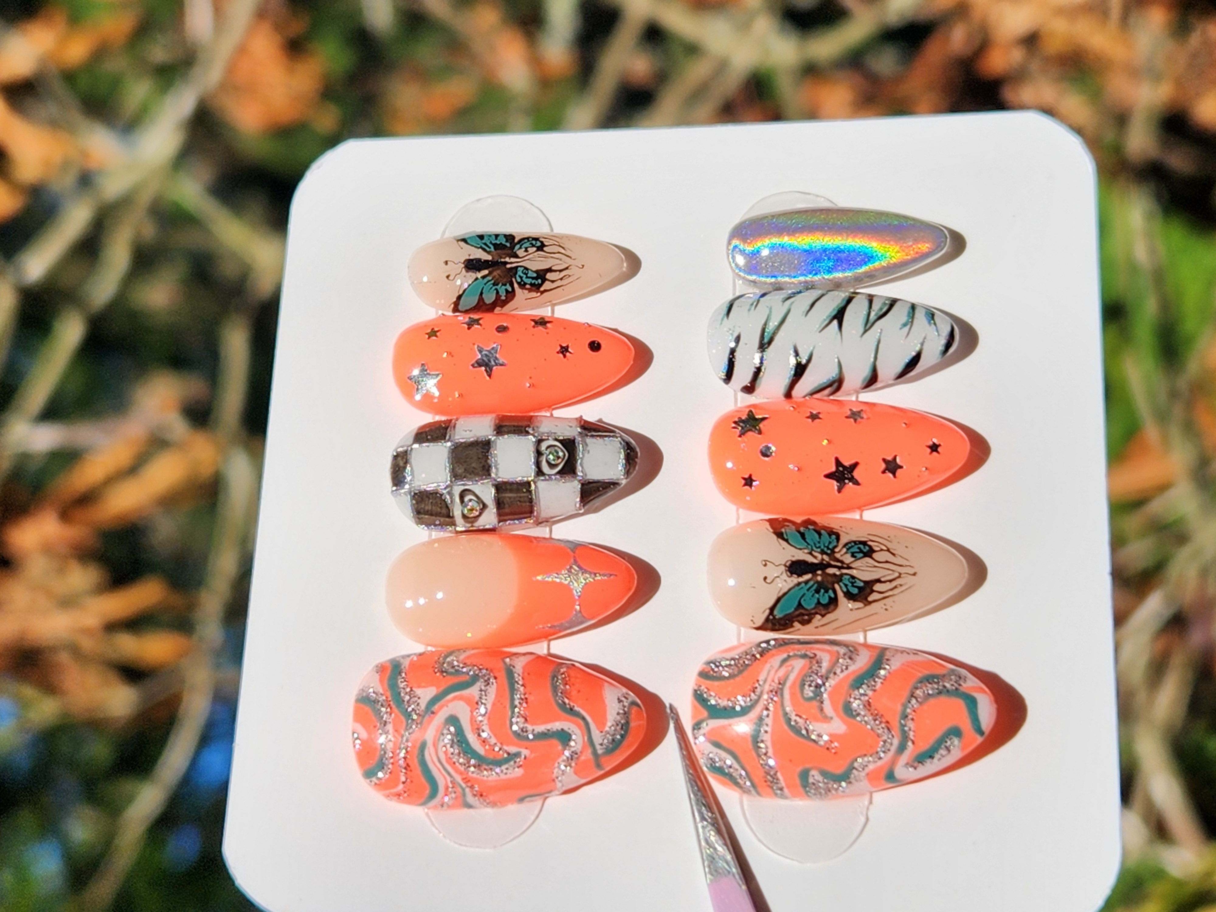 CORAL AFTER DARK | Coral, Teal & Chrome Y2K Press-On Nails – Image 2