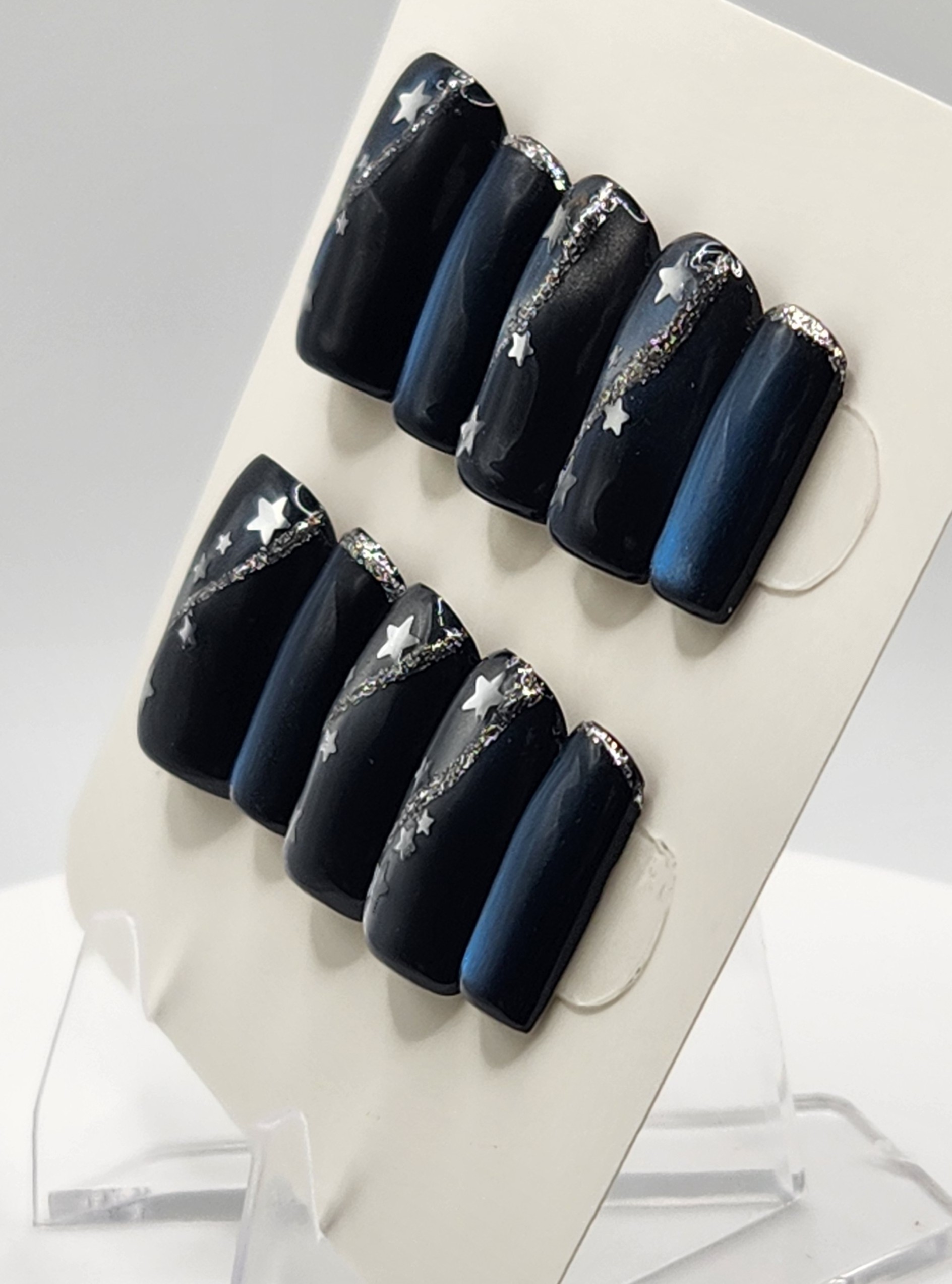 Cat Eye Ribbon Stars | Deep Blue Cat Eye Press-On Nails – Image 3