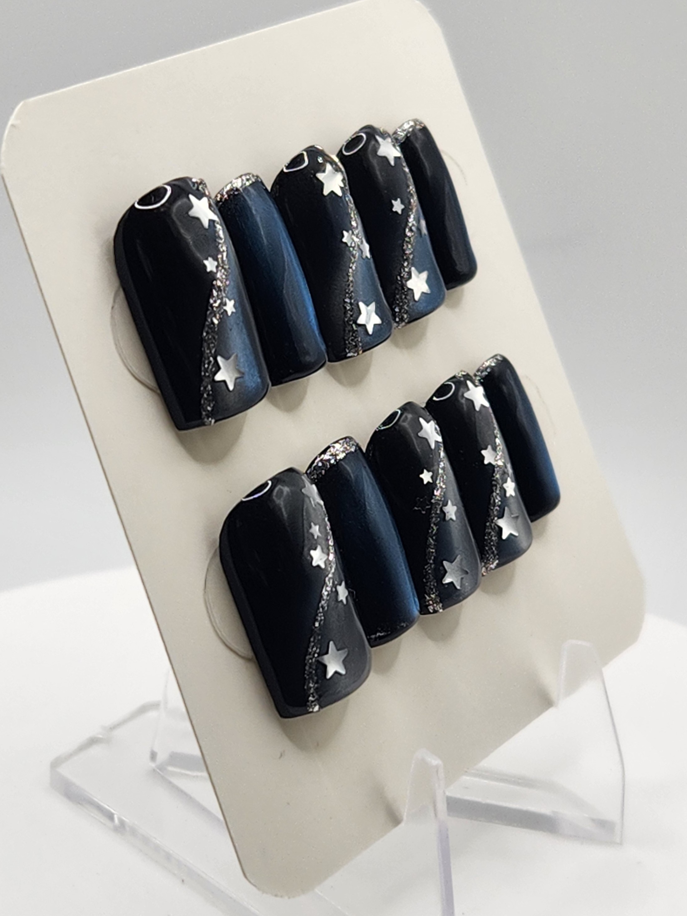 Cat Eye Ribbon Stars | Deep Blue Cat Eye Press-On Nails – Image 2