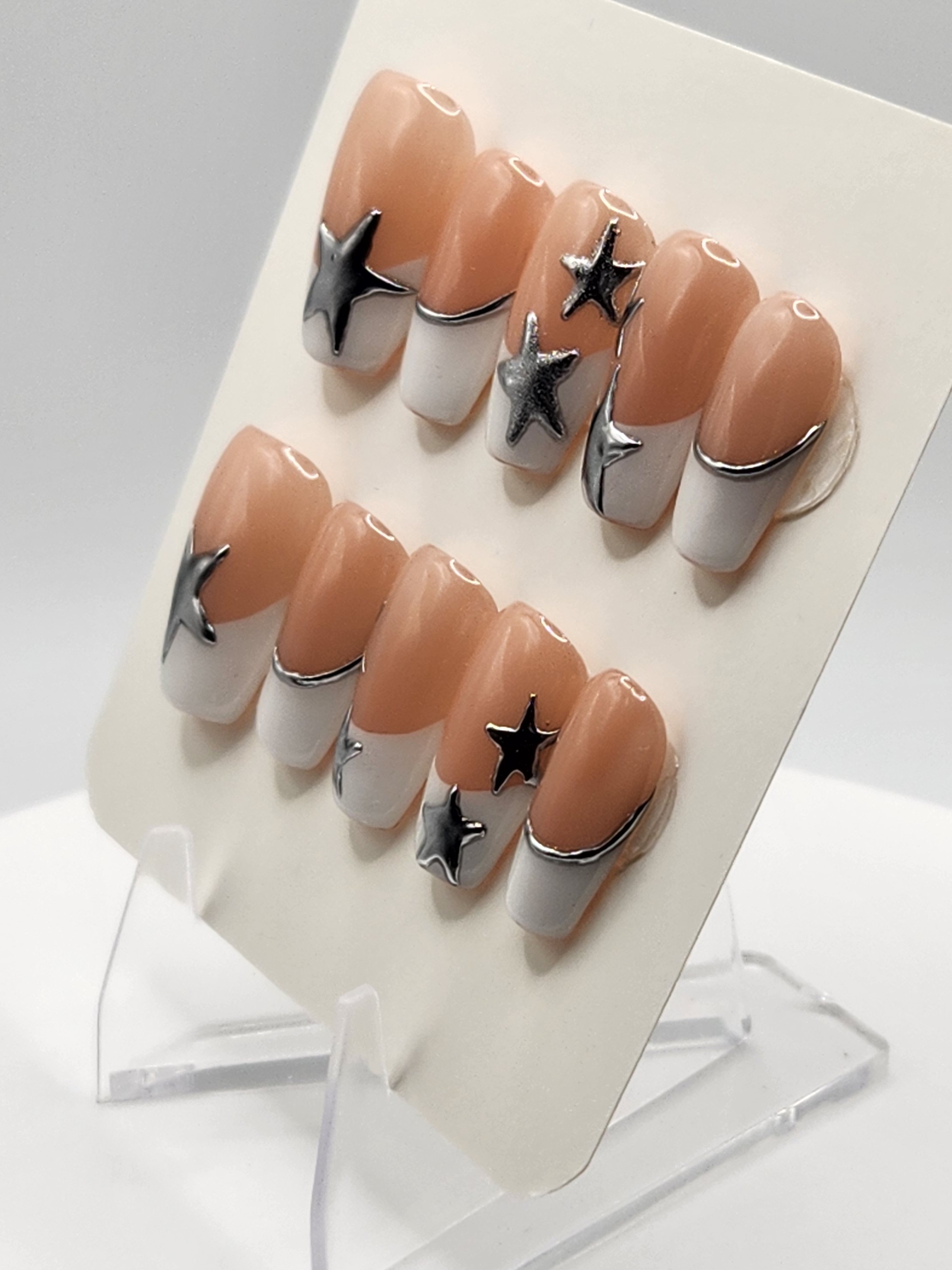 French Tips with Silver Stars | Classic White French Tip Press-On Nails – Image 3