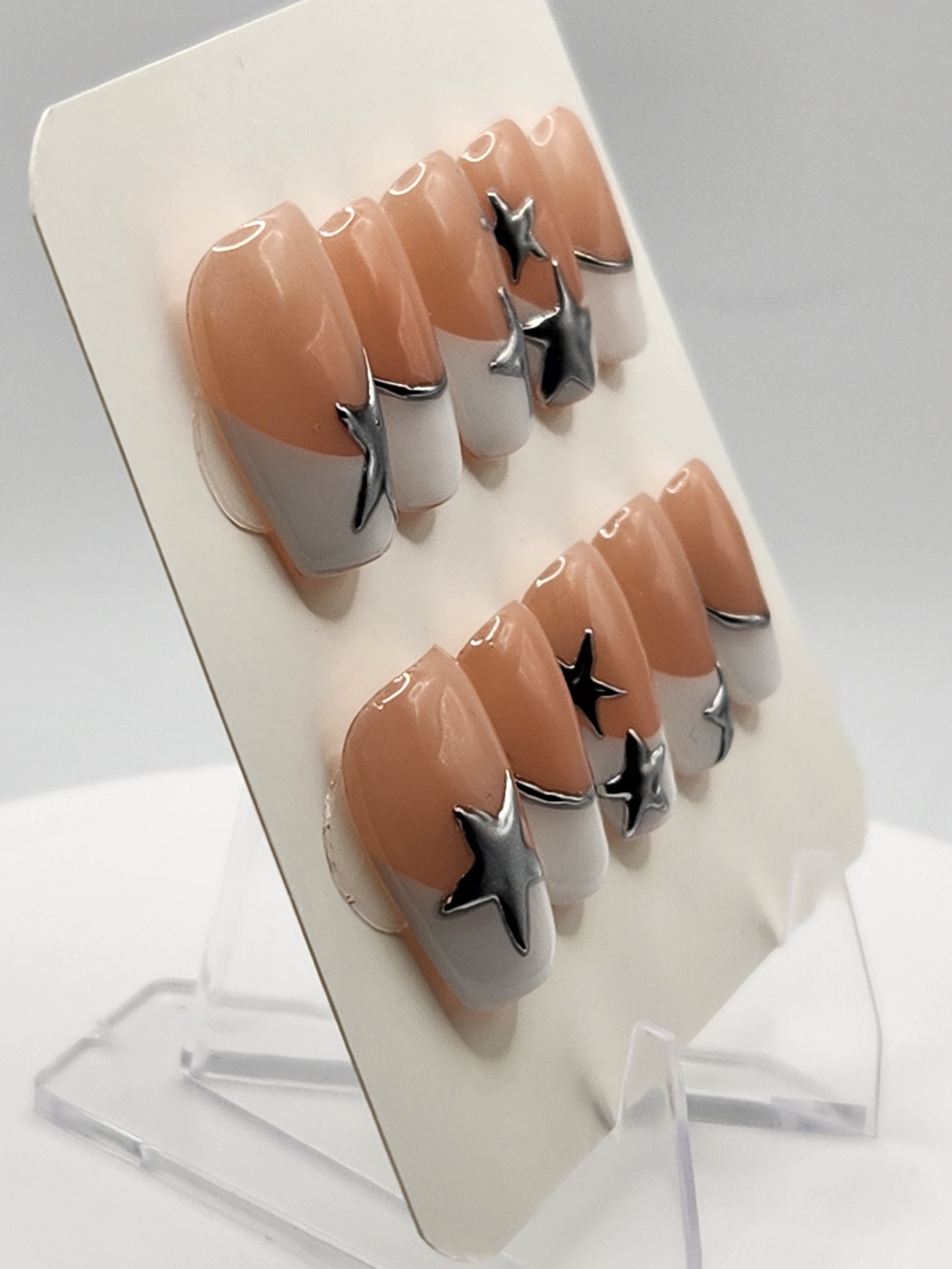 French Tips with Silver Stars | Classic White French Tip Press-On Nails – Image 4
