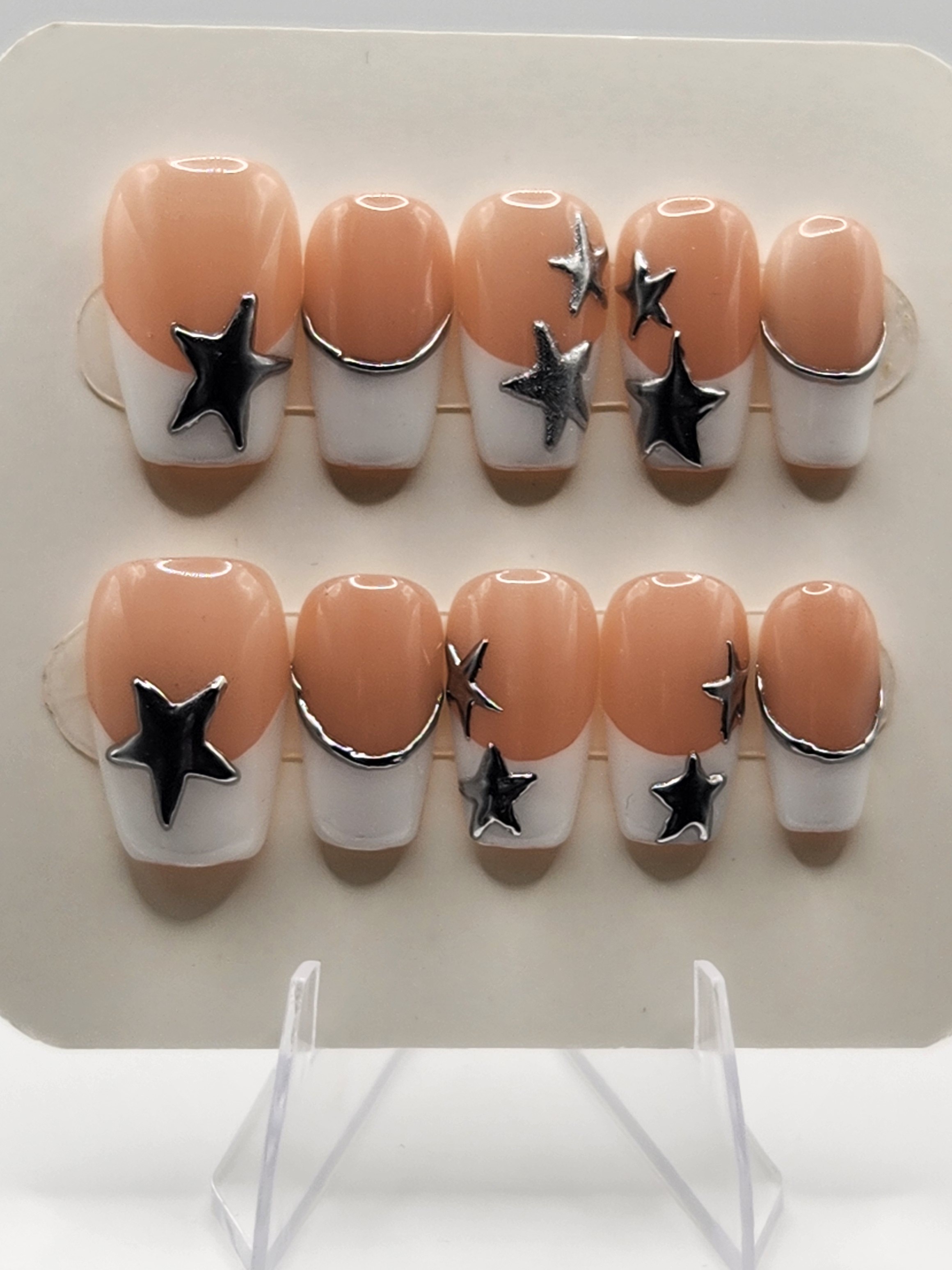 French Tips with Silver Stars | Classic White French Tip Press-On Nails – Image 2