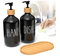 2pcs Black & White Frosted Soap Dispenser Set with Tray | Refillable Bathroom Pump Bottles – Image 3