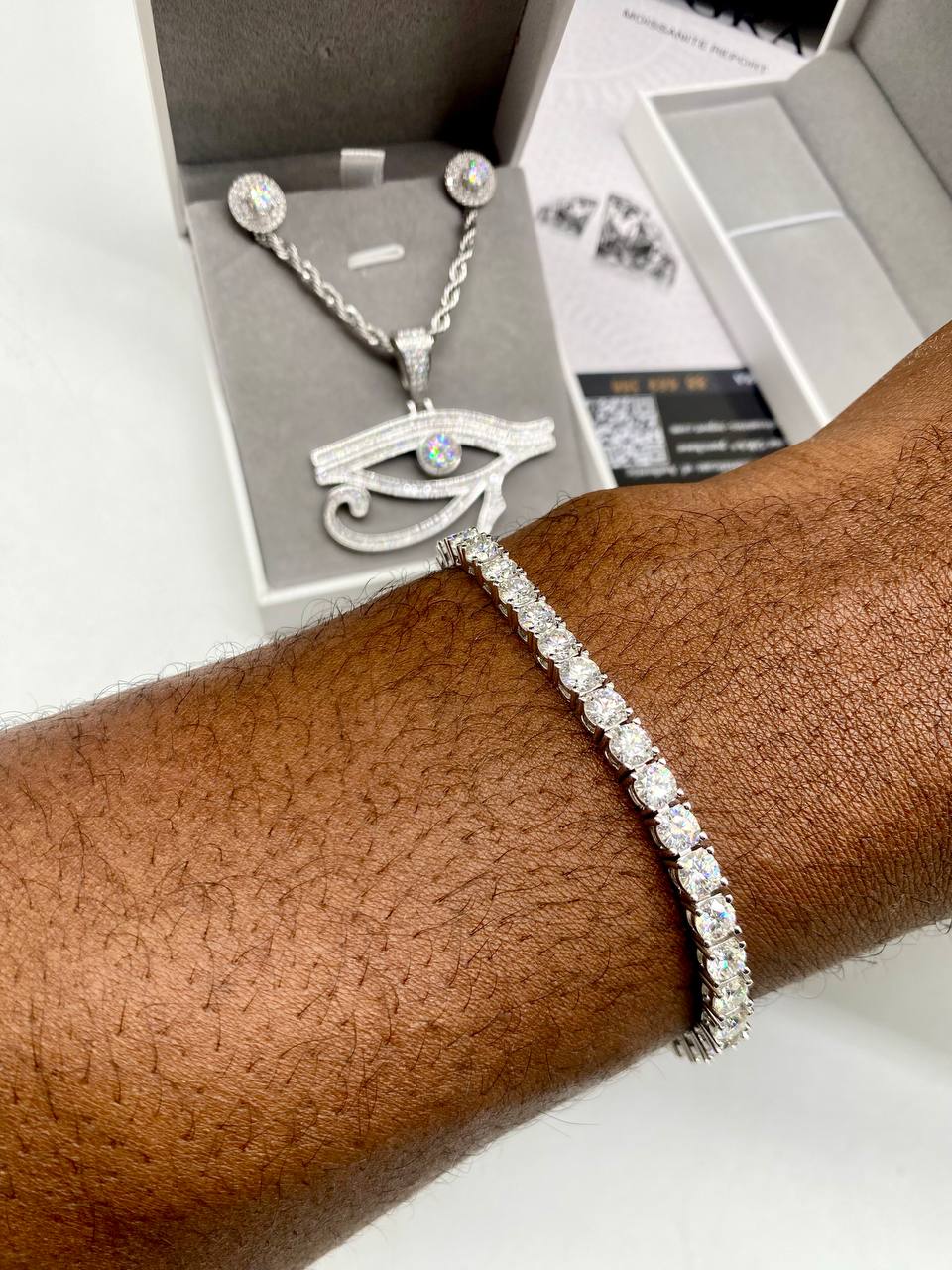 VVS Moissanite Diamond Eye Pendant with Tennis Bracelet and Earring Combo 💎💎💎💎  – Image 5