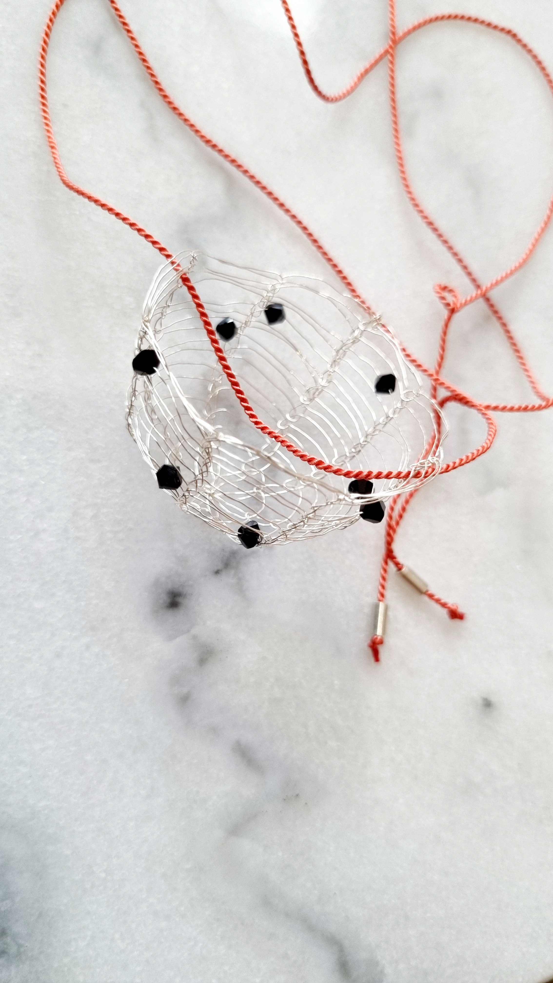 'You Beautiful Basket Case' Knitted Pendants – Black Beads with Orange silk Thread
