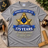 Pioneer Lodge No. 22 – 175th Anniversary Masonic T-Shirt – XL, Heather Gray