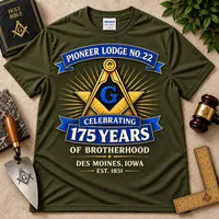 Pioneer Lodge No. 22 – 175th Anniversary Masonic T-Shirt – L, Olive Drab