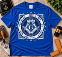 Pioneer Lodge No. 22 – Blue & White Masonic Emblem T-Shirt – L, Royal Blue