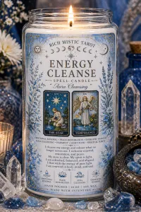 Energy Cleanse Spelled Tarot Candle – Image 1