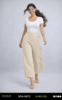 Salvaje Pantalon Capri de Mujer Crema Botones NXA-2072 – Image 1