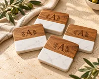 Personalized Acacia & Marble Coasters – Set of 4 – Image 1