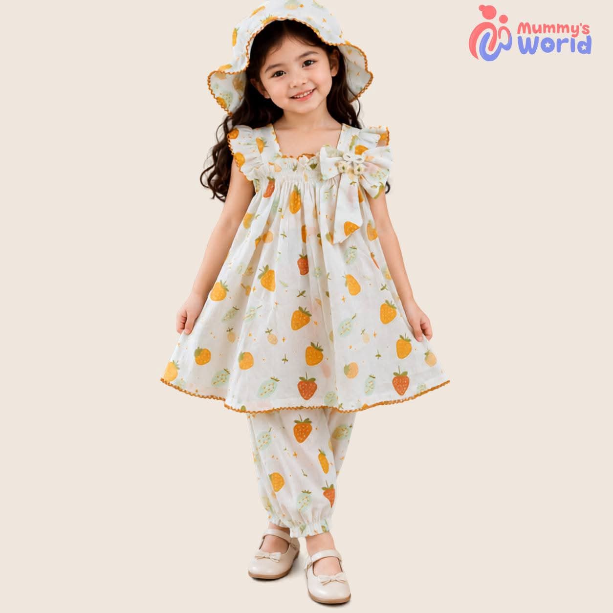 Strawberry Print Cotton Top, Pant & Cap Set for Girls – Image 1