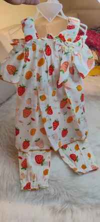 Strawberry Print Cotton Top, Pant & Cap Set for Girls – Image 6