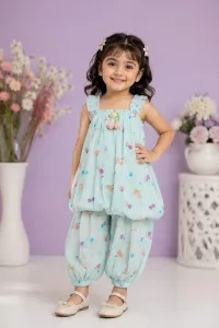 Girls’ Floral Two-Piece Dress Set – 100% Pure Cotton – Blue, 0-6 Months