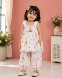 Girls’ Floral Two-Piece Dress Set – 100% Pure Cotton – White, 6 Month-1 Year