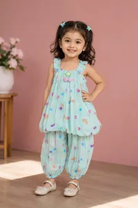 Girls’ Floral Two-Piece Dress Set – 100% Pure Cotton – Blue, 6 Month-1 Year