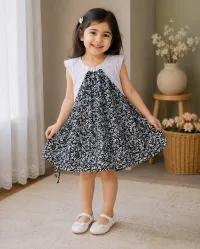 Girls’ Floral Summer Dress – Stylish & Comfortable – Black and White , 3-4 Years 