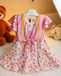 Girls Floral Print Party Dress with Striped Bow Top – Image 1