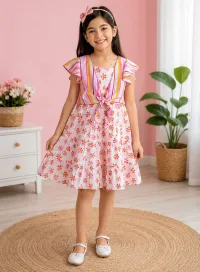 Girls Floral Print Party Dress with Striped Bow Top – Image 2