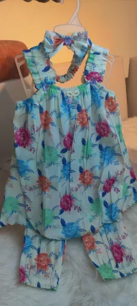 Top, Pant & Headband  Set for Baby Girls  – 2-3 Year, Blue Rose 