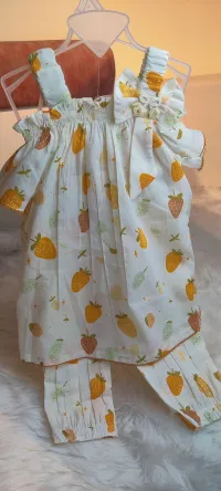 Strawberry Print Cotton Top, Pant & Cap Set for Girls – Image 3